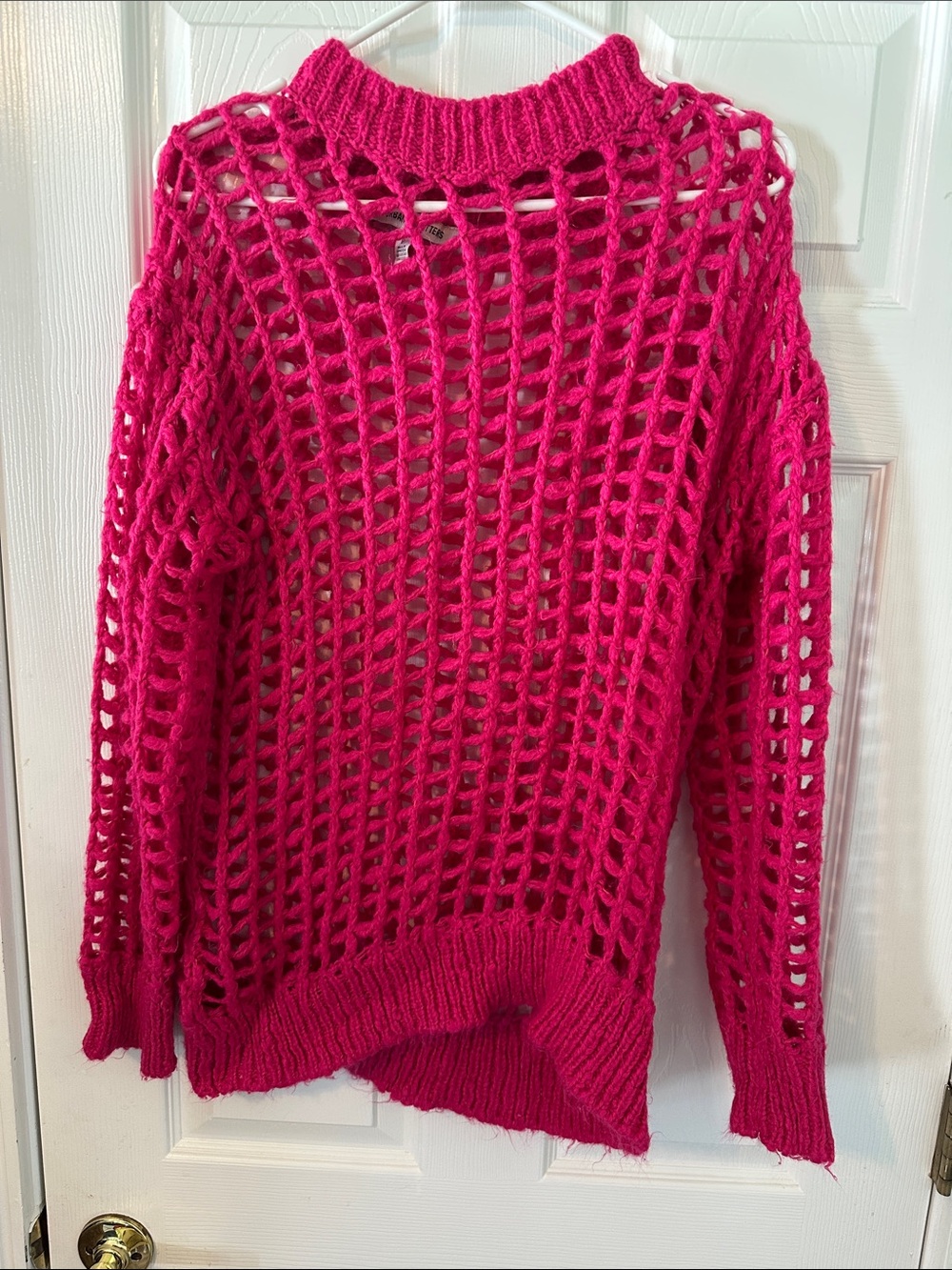 Urban Outfitters Vibrant Hot Pink Open-Knit Turtleneck Sweater